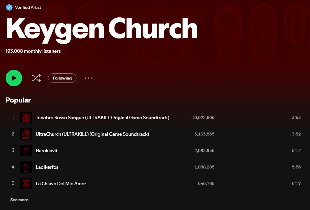 "Tenebre Rosso Sangue" just crossed 10.000.000 streams on <a href="/Spotify/">Spotify</a>! This is the first time one of my songs reached such a milestone. IDK what to say! A special thanks to <a href="/HakitaDev/">Public Hakita Is a Good Idea</a> &amp; <a href="/NewBlood/">New Blood Interactive</a> for involving me with their game, as well as the whole <a href="/ULTRAKILLGame/">ULTRAKILL - LAYER 7: VIOLENCE OUT NOW</a> community &amp; all