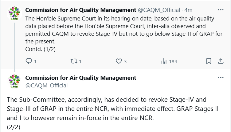 EconomicTimes's tweet photo. Commission for #AirQuality Management has decided to revoke #StageIV and #StageIII of #GRAP in the entire #NCR, with immediate effect. GRAP Stages II and I to however remain in-force in the entire NCR. [ANI] | Latest News - https://t.co/K9NmYnfCs4 https://t.co/f6AZsnZriU