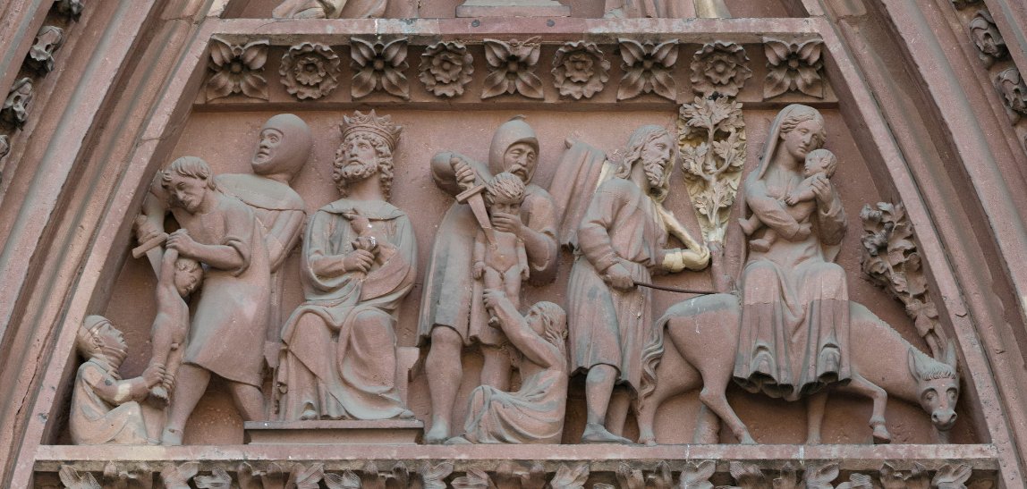 BertrandFleck's tweet photo. De gauche à droite : le massacre des Saints Innocents sur l'ordre du roi Hérode, et la fuite en Egypte à dos d'âne. https://t.co/w7Xx1ePw4l