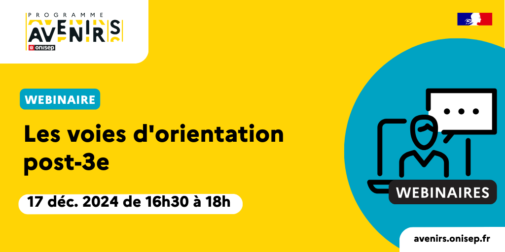 Onisep's tweet photo. #EquipesEducatives en #collège ➡️ Nous vous proposons 1 webinaire pour accompagner vos élèves dans leur choix d'#orientation post-3e, avec une présentation de la #voiepro et de la voie générale et technologique 📅 le 17 déc de 16h30 à 18h 
Inscription👉https://t.co/2SISFh20SS https://t.co/yQN9pyZCcI