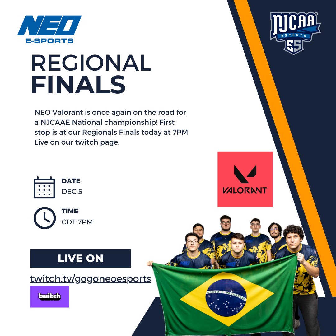 EsportsNEOAM's tweet photo. NEO Valorant is once again on the road for a NJCAAE National championship! First stop is at our Regionals Finals today at 7PM Live on our twitch page.

https://t.co/wyVWDDCUI0 https://t.co/a6DbHuuFn7