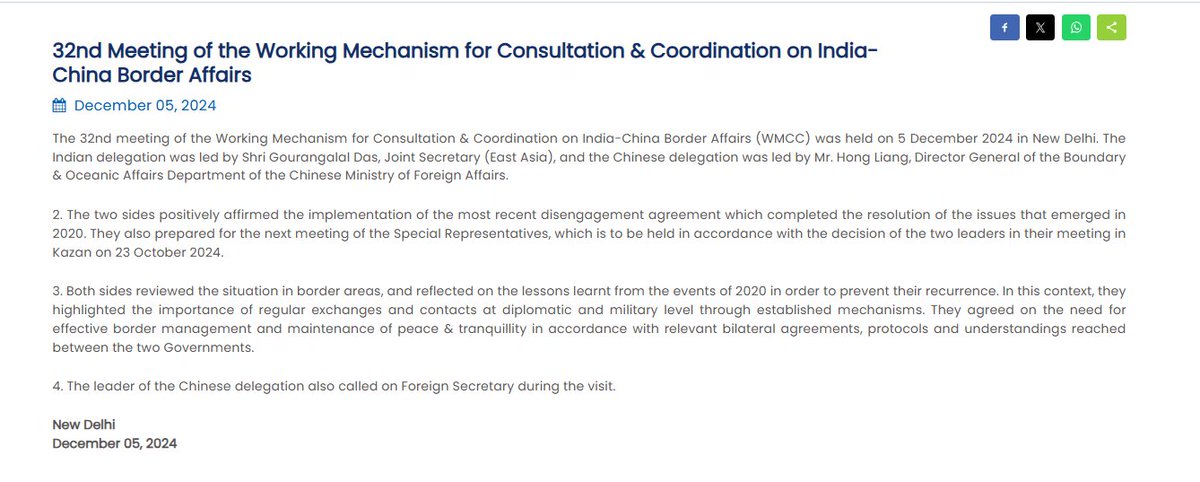 EconomicTimes's tweet photo. The 32nd meeting of the Working Mechanism for Consultation & Coordination on #India-#China #BorderAffairs (WMCC) was held today in New Delhi. The two sides positively affirmed the implementation of the most recent #disengagement agreement which completed the resolution of the issues that emerged in 2020. They also prepared for the next meeting of the Special Representatives, which is to be held in accordance with the decision of the two leaders in their meeting in Kazan on 23 October 2024. They agreed on the need for effective border management and maintenance of peace & tranquillity in accordance with relevant bilateral agreements, protocols and understandings reached between the two Governments: #MEA | Latest News - https://t.co/9tyUgOUf1O