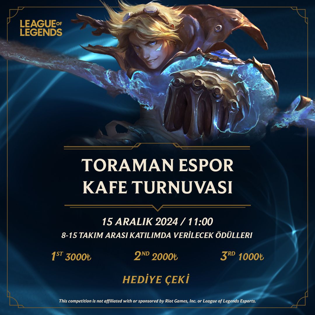 Riot Kafe Turnuvaları Geri Dönüyor 🎉

Sen de takımını al, League of Legends’ta rekabetin tadını çıkar!!

Tarih: 15 Aralık Pazar
Konum: Toraman Espor Merkezi
Katılım Ücreti: Kişi başı 50₺
Takım Katılım Ücreti: 250₺