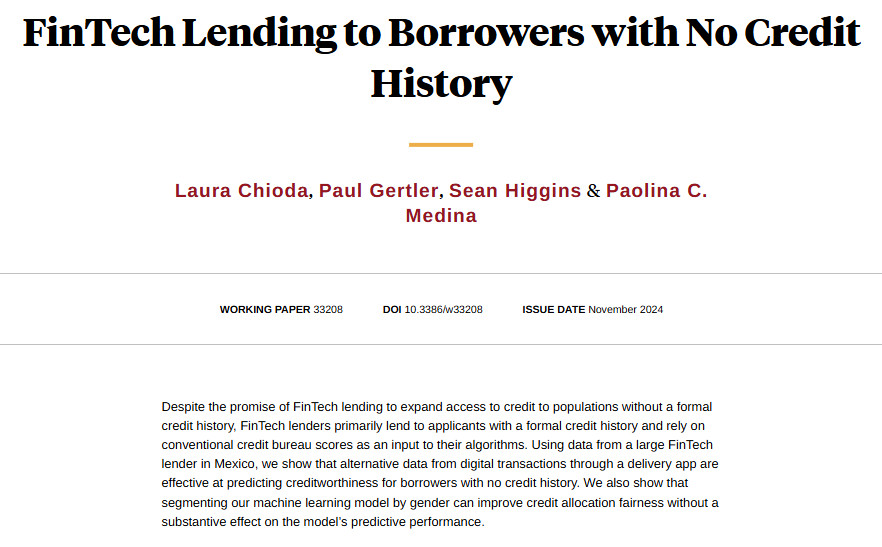 NBER (@nberpubs) on Twitter photo Showing that alternative data from digital transactions through a delivery app are effective at predicting creditworthiness for borrowers with no credit history, from Laura Chioda, <a href="/paul_gertler/">Paul Gertler</a>, @SeanKHiggins, and Paolina C. Medina nber.org/papers/w33208 Showing that alternative data from digital transactions through a delivery app are effective at predicting creditworthiness for borrowers with no credit history, from Laura Chioda, <a href="/paul_gertler/">Paul Gertler</a>, @SeanKHiggins, and Paolina C. Medina nber.org/papers/w33208