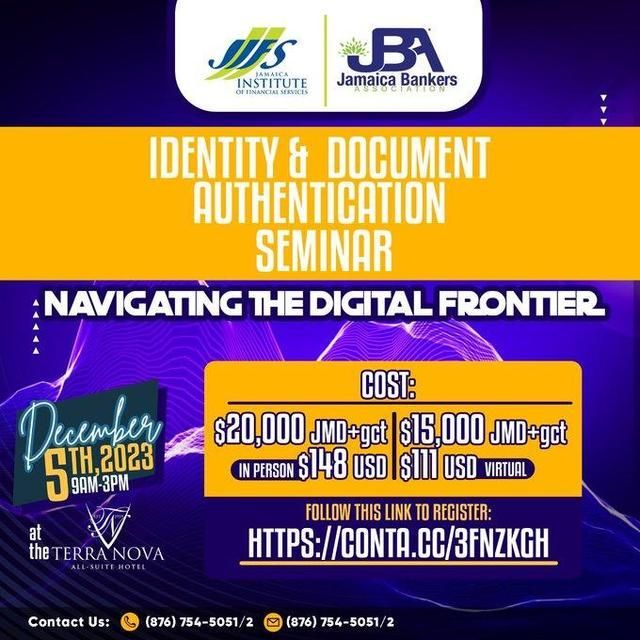 CCCEur's tweet photo. FYI: @JIFSHA Seminar 'Navigating the Digital Frontier.' https://t.co/E1e5nm1nMG #Caribbean #Jamaica #Banking #BankersAssociation #JBA #JIFS #IdentityAuthentication #DocumentAuthentication #Seminar https://t.co/LgoGbbWniZ