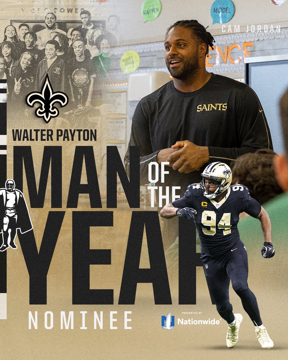 New Orleans Saints (@saints) on Twitter photo Congrats to @CamJordan94 who has been selected as the #Saints nominee for the Walter Payton NFL Man of the Year Award presented by <a href="/Nationwide/">Nationwide</a> 👏
RT to support Cam 🙌
@CamJFoundation | #WPMOYChallenge Congrats to @CamJordan94 who has been selected as the #Saints nominee for the Walter Payton NFL Man of the Year Award presented by <a href="/Nationwide/">Nationwide</a> 👏
RT to support Cam 🙌
@CamJFoundation | #WPMOYChallenge