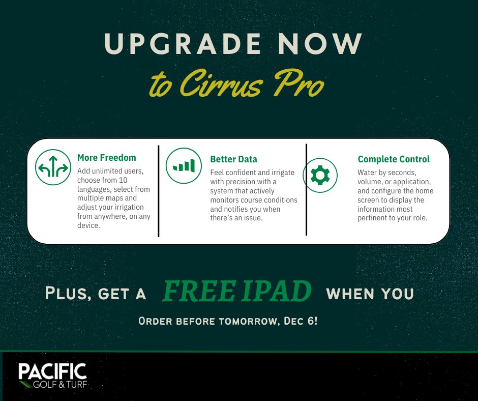 PacificGolfTurf's tweet photo. ⏳ Tomorrow is the LAST day to upgrade to Cirrus Pro and score a FREE iPad! Don't miss out on this exclusive offer. Upgrade by Dec 6 and level up your irrigation today! 📱✨ #CirrusPro #RainBird #FreeiPad #GolfIrrigation https://t.co/ZZOhvg2g0m
