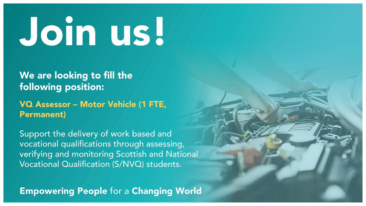 Could you be a VQ Assessor in Motor Vehicles?

Support the delivery of work based/vocational qualifications through assessing, verifying and monitoring Scottish Vocational Qualification (S/NVQ) candidates.

Apply here: ow.ly/qYlW50UiT42

Closing date: 15/12/2024