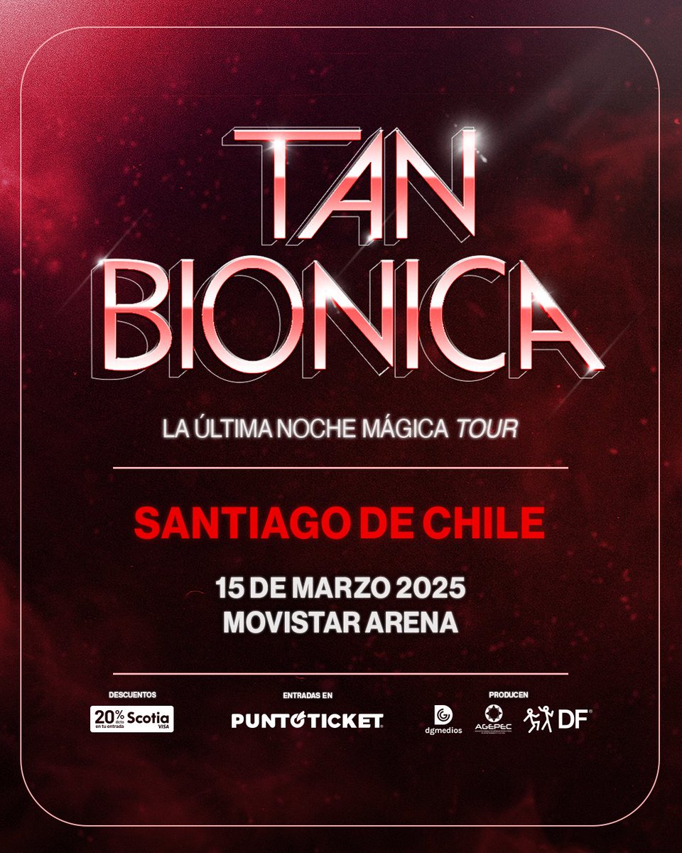 tanbionica's tweet photo. ¡Nos vemos en Chile! 🇨🇱 🤍
La Última Noche Mágica Tour llega a Santiago. 

🗓 15 de marzo de 2025
📍Movistar Arena

🎟️ Preventa con tarjetas Scotia Bank desde el lunes 9 de diciembre a las 11 am en https://t.co/Lw8AgqJOIo

🔗 Más info  en https://t.co/cHe7JgNyz7 https://t.co/LWLgpH4Nl1