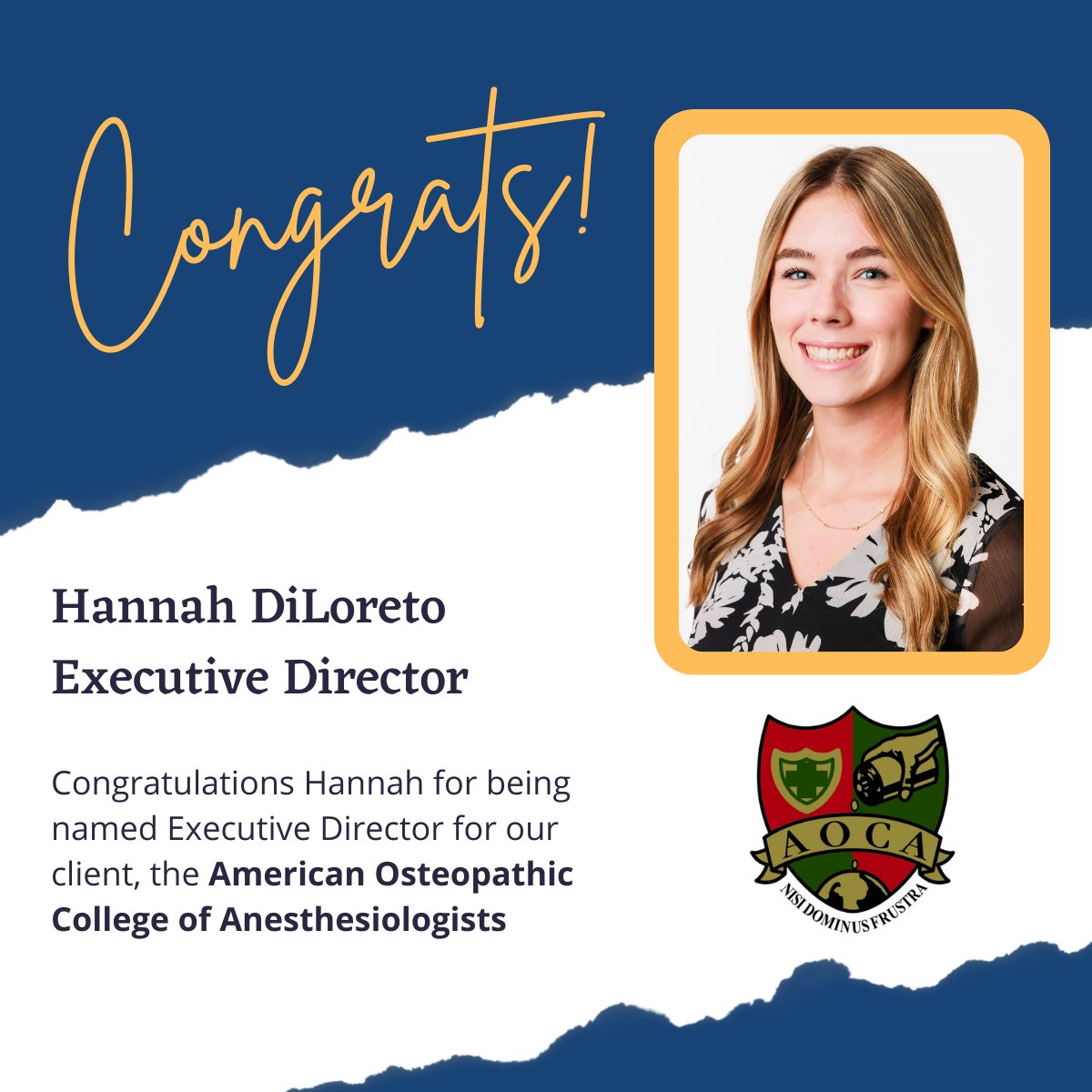 AMRMS's tweet photo. Congratulations Hannah DiLoreto, new Executive Director for our client, the American Osteopathic College of Anesthesiologists. We are excited about your leadership of the AOCA team!
#AMRMS #associationmanagement #ExpertsDoingExpertWork #HelpingAssociationsChangeTheWorld https://t.co/L4wcRQEI0N