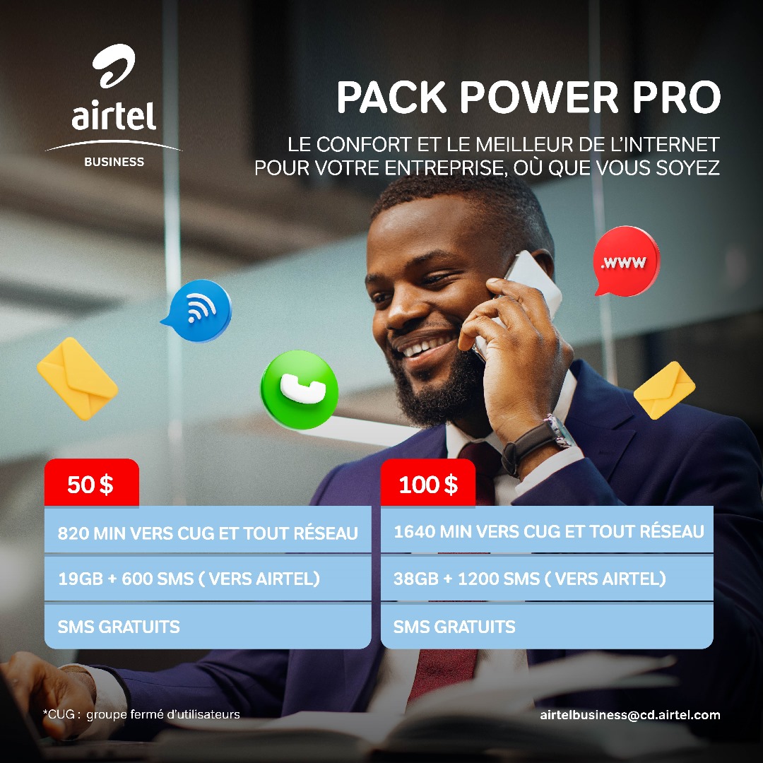 airtelrdc's tweet image. Transformez votre entreprise avec Airtel Business ! 

⚡ Pack Power Pro
📊 Pack Business Pro
🌐 Pack Liberty
📲 Mobile Business

Avec Airtel business, chaque entreprise trouve son partenaire idéal ! 🤝

#AirtelBusiness #SolutionsPro #Performance #Flexibilité #Innovation