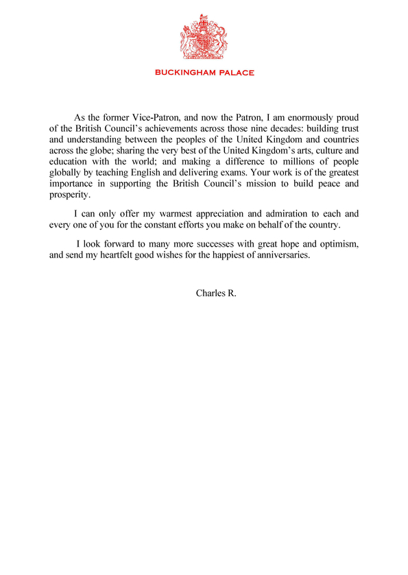 We're honoured to share a special message from our Patron, His Majesty King Charles III, on our 90th anniversary today, inspiring us to continue our work in building connections, understanding and trust.

Thank you to everyone who has been part of our journey.
 
#BritishCouncil90