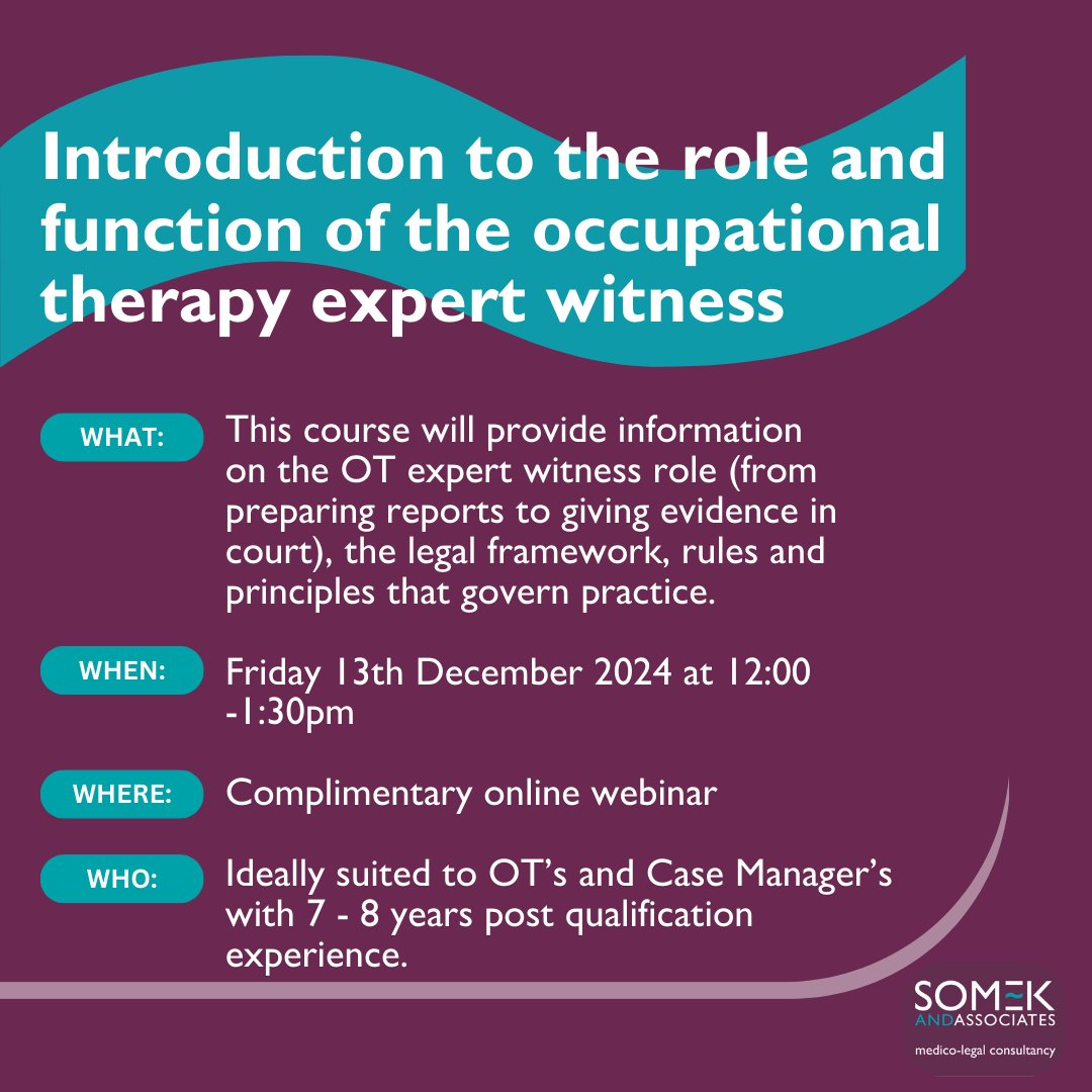 If you haven't signed up for this yet, there is still time! If you are an OT or Case Manager looking to utilise your skill set in a new and rewarding way, why not consider expert witness work? Follow the link below to register for this complimentary webinar event.