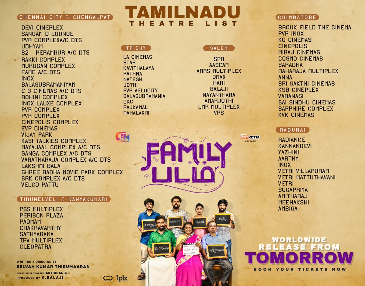 Laughter, love, and unforgettable moments await! ❤️✨ Get ready to experience #FamilyPadam on the big screen! 🌟🍿 Check out the Tamil Nadu theatre list and book your tickets now! 🎟️ 

#FamilyPadam arrives in theatres worldwide  From Tomorrow!  #FamilyPadamFromTomorrow