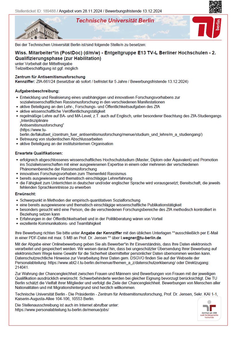 #Job
Achtung PostDoc Stelle #Rassismusmusforschung am Zentrum für Antisemitismusforschung  an der <a href="/TUBerlin/">TU Berlin</a> 

Please share