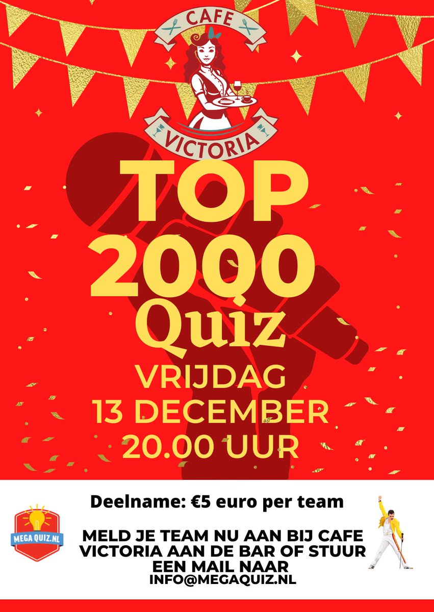 MegaQuizNL's tweet photo. Heb jij je al aangemeld voor de leukste Top 2000 Quiz van heel de wereld? Vrijdag 13 december in @woerdenvictoria of zaterdag 28 december online, gezellig vanuit je eigen huiskamer met vrienden en familie!

Inschrijven? Meer info? Mail info@megaquiz.nl! https://t.co/1AasSGzWWf