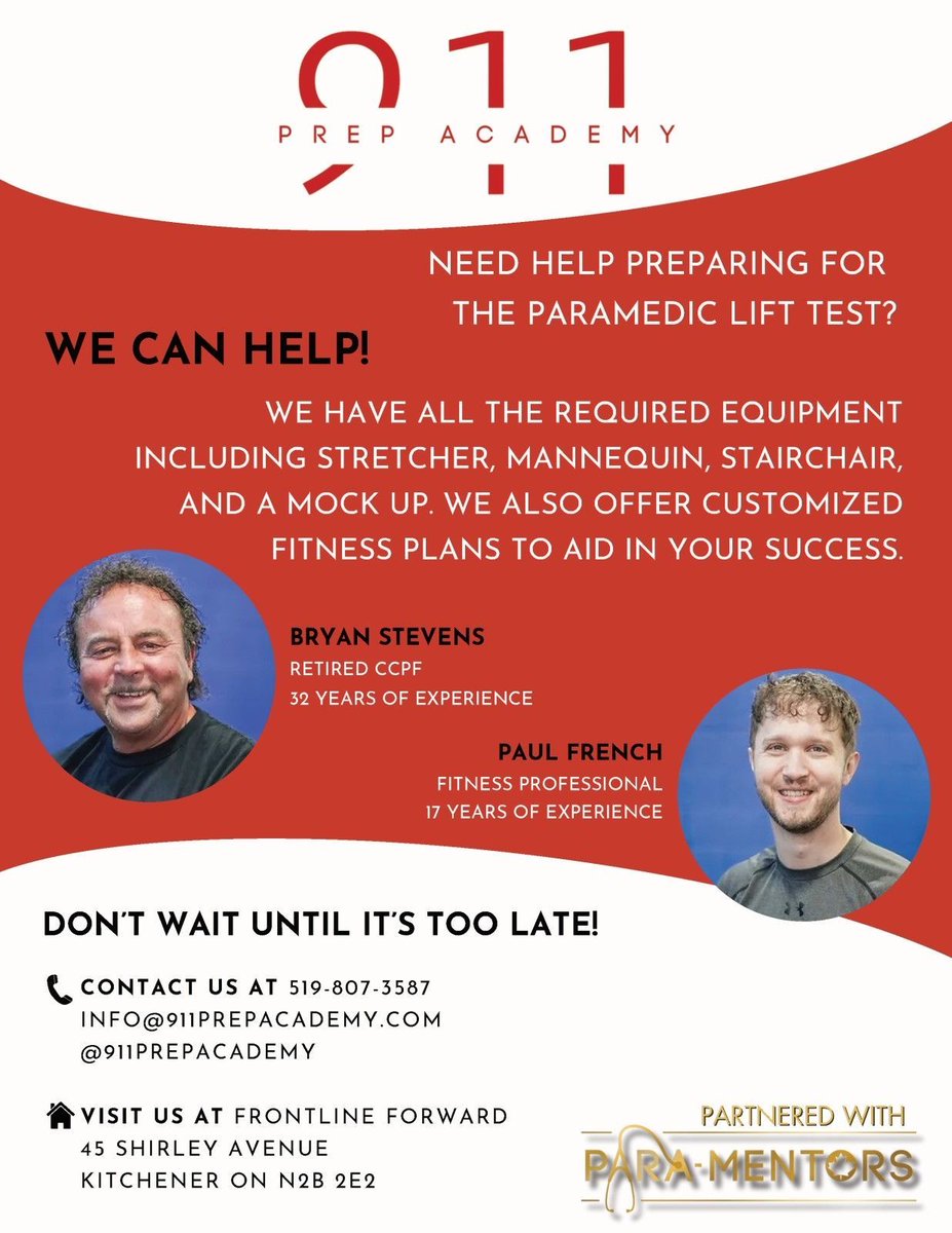 Attention paramedic students: get physically fit for preceptorship!

Start your own customized conditioning program now so you can be prepared to pass any lift test. 

Contact 911 Prep Academy to get started - our team wants you to be successful.

ontarioparamedic.ca/news-and-event…