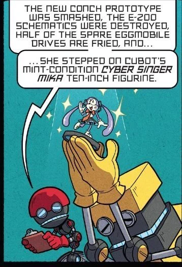 In IDW's Sonic the Hedgehog #54, Cubot is shown to have a Cyber Singer Mika figurine.Mika is a combination of Sonic's initial rabbit concept design (often dubbed either Feels or Max by fans) and Hatsune Miku. 