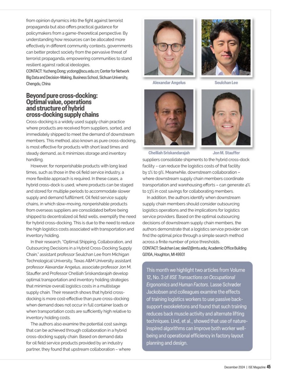 IISE_TXN's tweet photo. Two papers in the January Issue are featured in the December 2024 ISE Magazine, which are co-authored, respectively, by Xia Chen, Yucheng Dong and Jun Zhuang, and by Seulchan Lee, Alexandar Angelus, Jon M. Stauffer, and Chelliah Sriskandarajah.

(2/3) https://t.co/iZkHfMZbP6