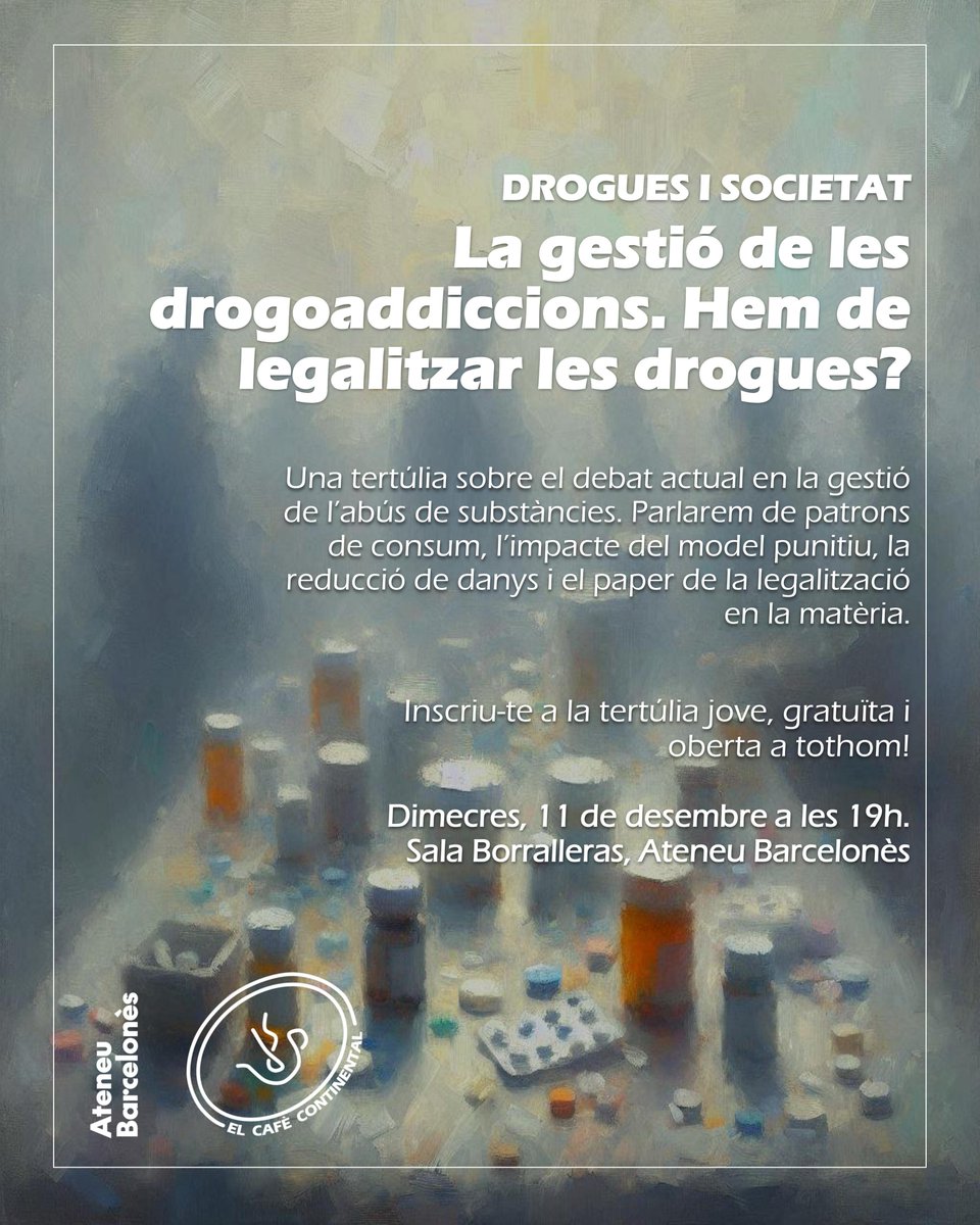 cafeconti_'s tweet image. ☕️ Última tertúlia de l’any ❗️

💊 Hem de legalitzar les drogues? 

🤔 Ho analitzarem amb els experts en gestió d'abús de substàncies Ester Aranda i David Pere Martínez.

📅 Dimecres, 11 de desembre (19:00h) a l'@ateneubcn.

✍🏻 Inscripcions: docs.google.com/forms/d/e/1FAI…