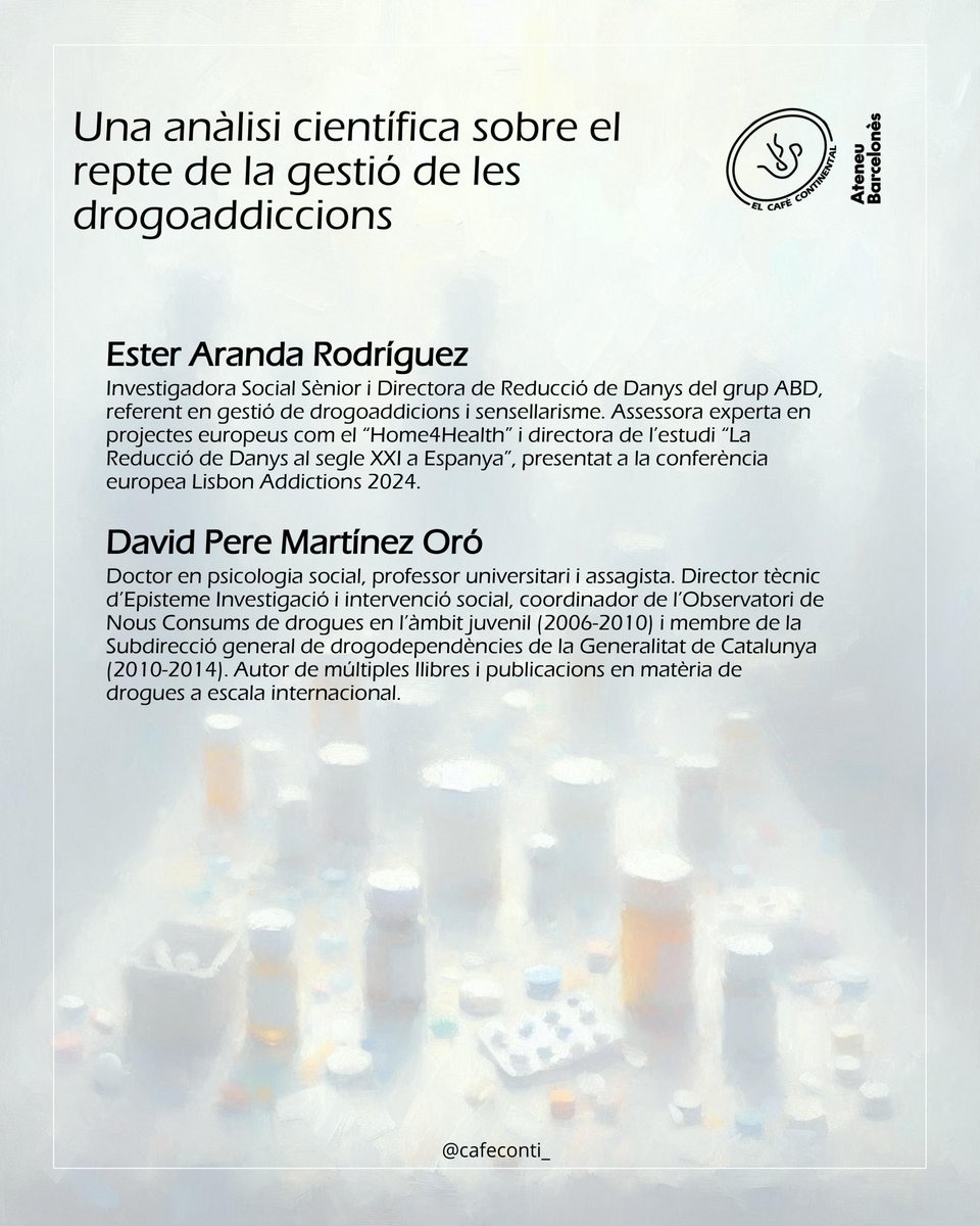 cafeconti_'s tweet image. ☕️ Última tertúlia de l’any ❗️

💊 Hem de legalitzar les drogues? 

🤔 Ho analitzarem amb els experts en gestió d'abús de substàncies Ester Aranda i David Pere Martínez.

📅 Dimecres, 11 de desembre (19:00h) a l'@ateneubcn.

✍🏻 Inscripcions: docs.google.com/forms/d/e/1FAI…