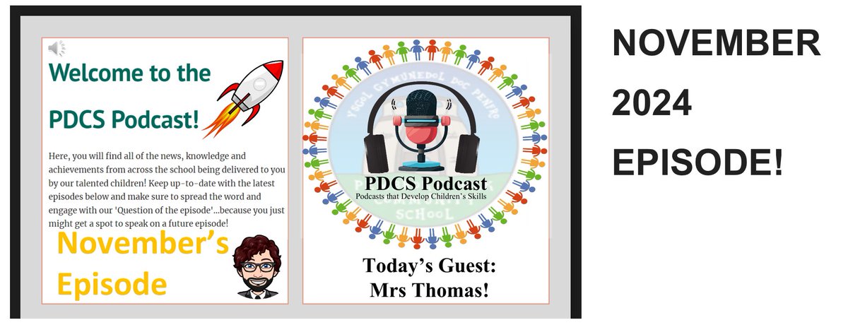It’s here! The #NovemberPodcast from the children and headteacher @HeadPdcs <a href="/PDCSPrimary/">PDCSPrimary</a> have come together to create an exciting, enjoyable podcast episode for all! Please give it a listen, as Mrs Thomas reveals all about our school and her experiences growing up! #Diolch #Enjoy
