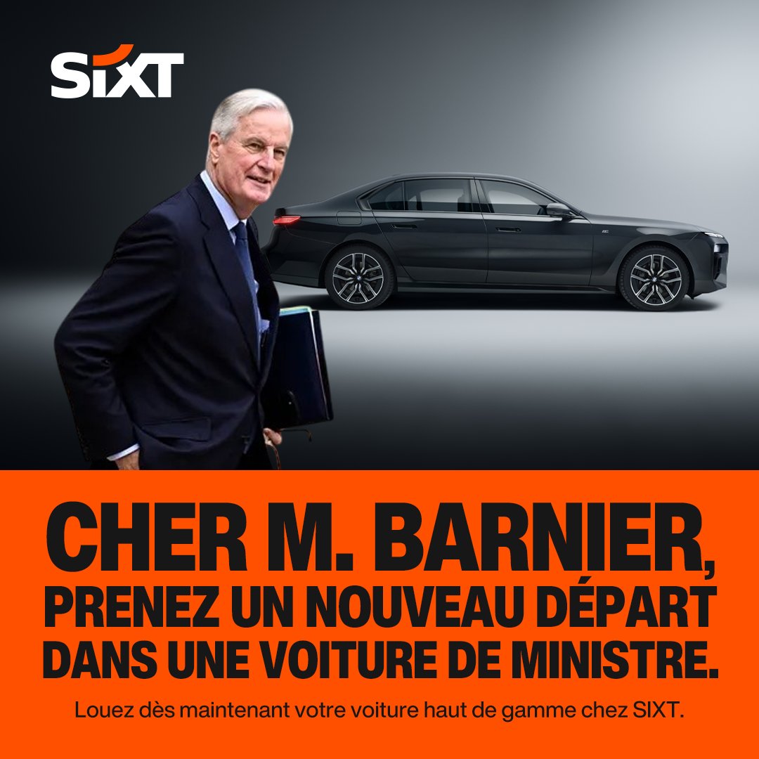 SixtFR's tweet photo. Suite à une démission, rien de tel qu'un nouveau départ dans une voiture… de Ministre ! 👋🙂

#MichelBarnier #Barnier #newsjacking https://t.co/Fhpjy7tR94