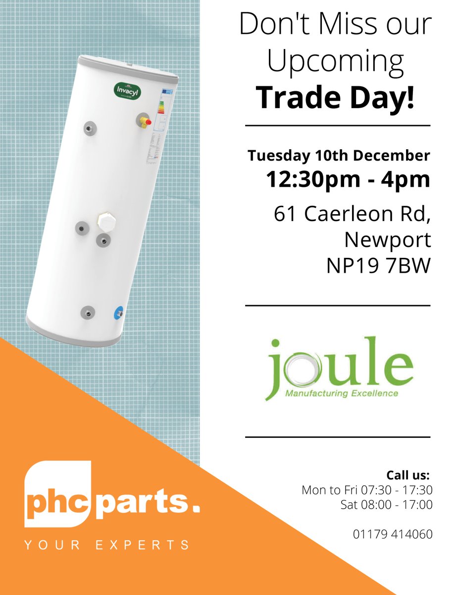 PHCParts's tweet image. 🔥 Joule Cylinder Trade Day at PHC Newport! 🔥

We're now stocking Joule Cylinders! Join us for a special Trade Day to explore our full range of Joule solutions. 

Don’t miss out – we look forward to seeing you there!

#JouleCylinderTradeDay #PHCParts #HeatingSolutions #NewStock