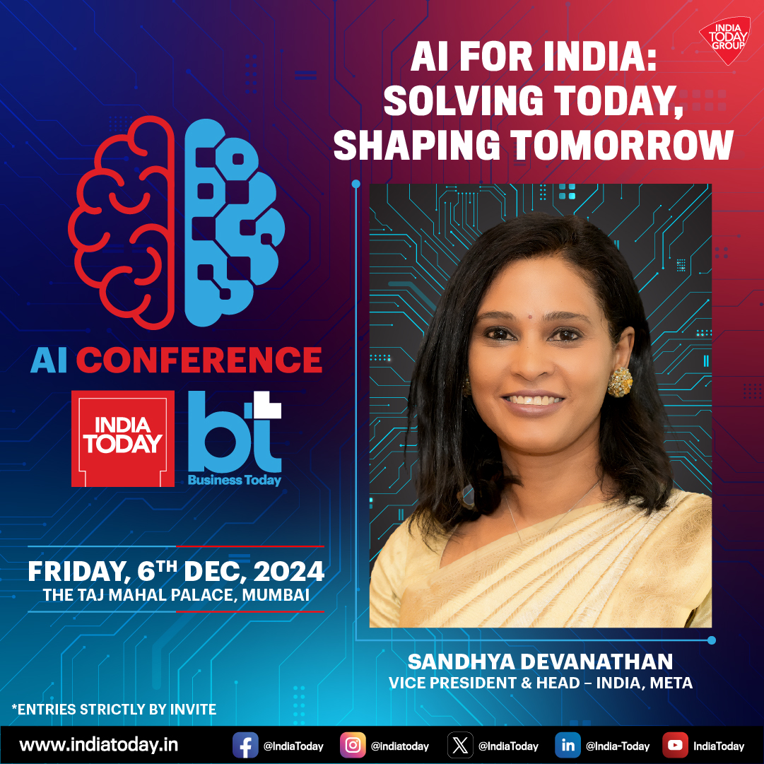 business_today's tweet photo. #BTAIConference2024 🤖 | Join us at #AI Conference 2024, presented by @IndiaToday and @business_today, for an engaging session with #SandhyaDevanathan, Vice President, @Meta, India
🎤 Sandhya will share her insights on how #ArtificialIntelligence is driving transformation, enhancing user experiences, and building a more connected digital future.
🗓️ December 6 (Friday)
📍 The Taj Mahal Palace, Mumbai
Track event updates: https://t.co/ulI6oJsBpz
