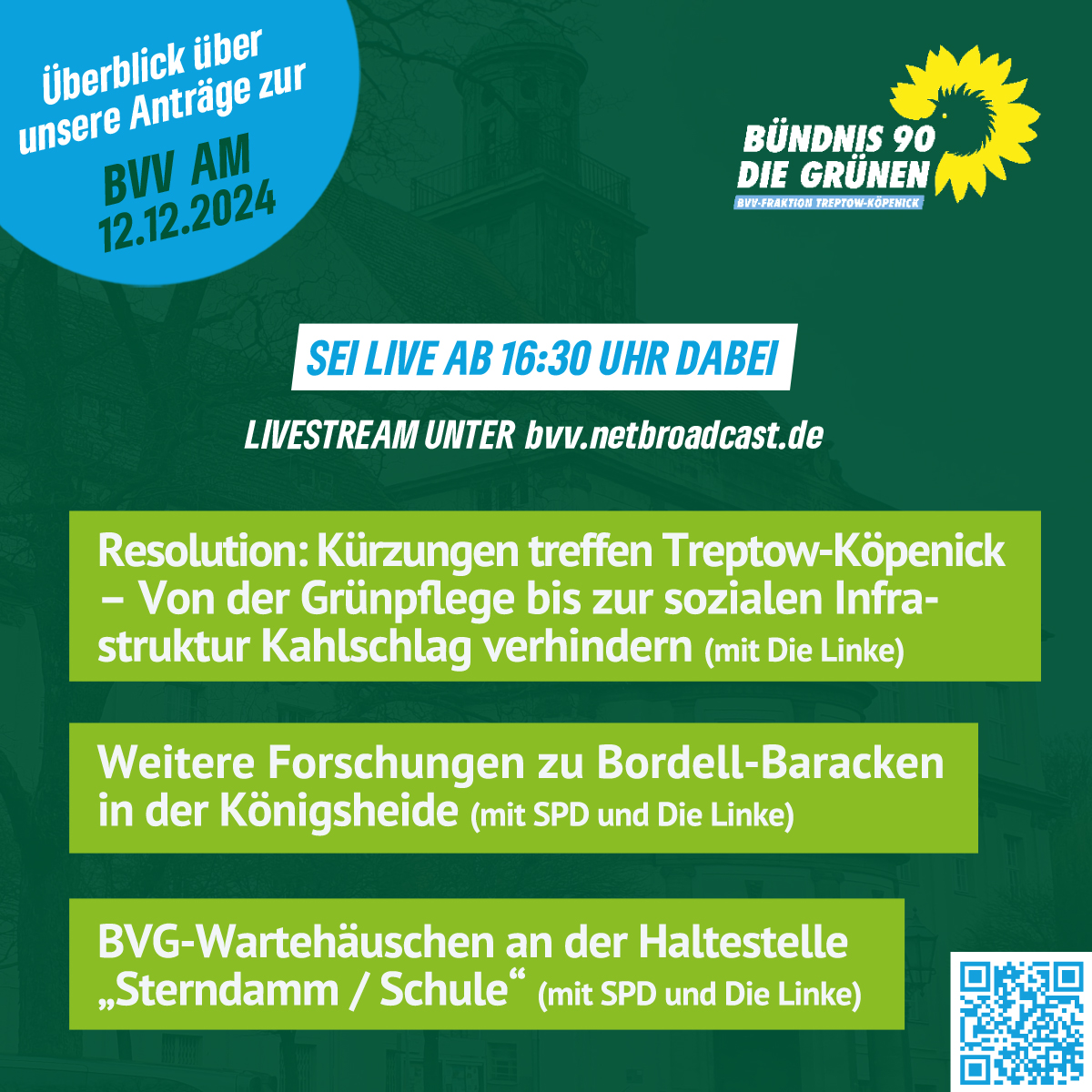 Am 12.12. findet ab 16:30 Uhr die letzte BVV in diesem Jahr statt.

Unsere Anträge könnt ihr hier einsehen: gruenlink.de/1rju

Die Versammlung kann von zu Hause aus im Livestream verfolgt werden: bvv.netbroadcast.de