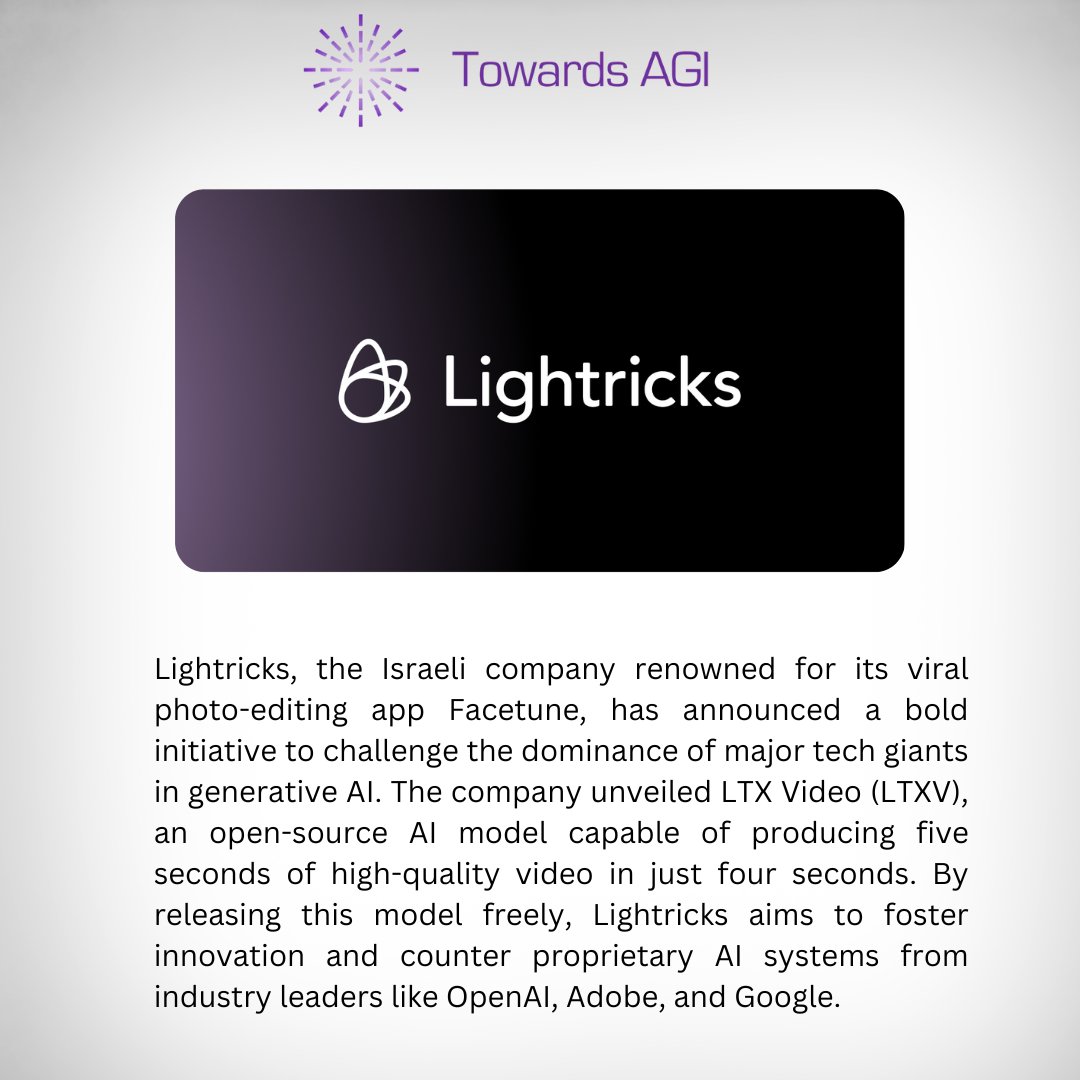 Towards_agi's tweet image. Lightricks, the Israeli company renowned for its viral photo-editing app Facetune, has announced a bold initiative to challenge the dominance of major tech giants in generative AI. 
follow @Towards_agi for more info
#lightricks #isreal #facetune