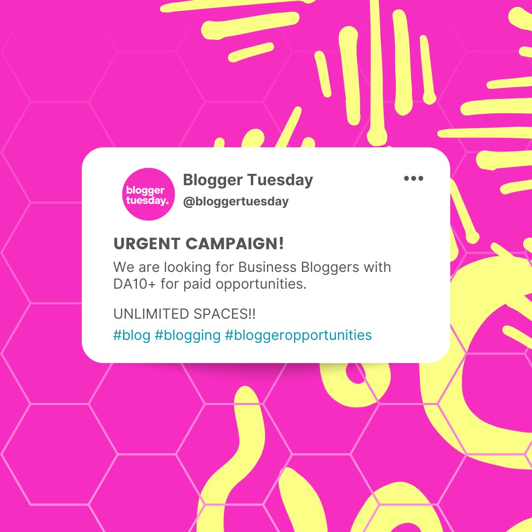 BloggerTuesday's tweet photo. 🚀🚀 CALLING ALL BLOGGERS! 📣📣
We have unlimited positions available for bloggers within the Business niche! 💪💪
Drop your links below if you think you fit this category 👇
#blog #blogging #blogger #business
#businessblog #businessblogger https://t.co/zEHwxDBZxD