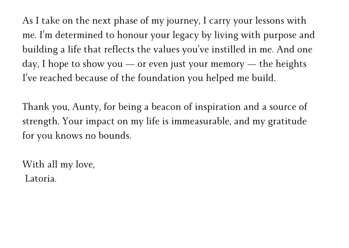 latoria_ria's tweet photo. Thank you, Aunty, for being a beacon of inspiration and a source of strength. Your impact on my life is immeasurable, and my gratitude for you knows no bounds.
#Day5 #31DaysChallenge #HeartfeltMessages #NewBeginnings #WritingChallenge2024 #DecemberVibes #LaunchJourney #CardsForAllOccasions
#Latoria