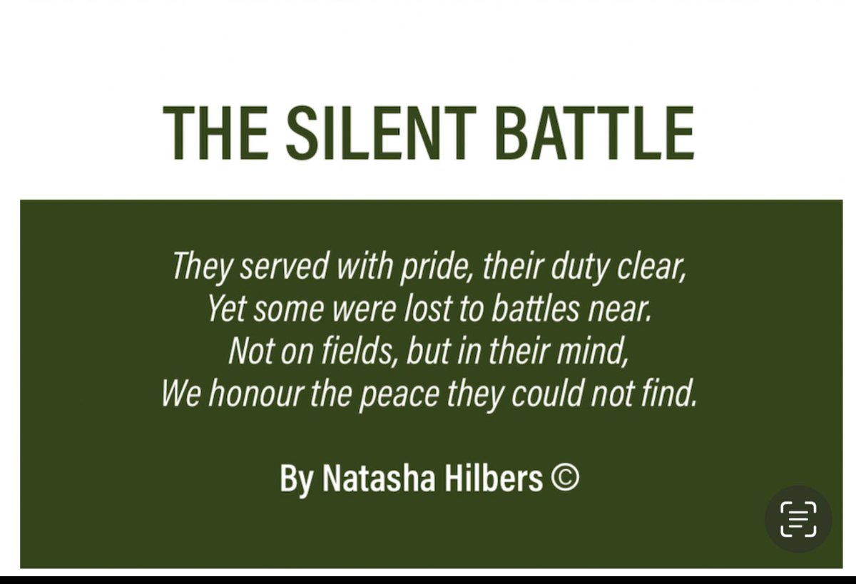 veteransandbox's tweet photo. For those we’ve lost to the silent battle, I honour you with these words:

The Silent Battle
They served with pride, their duty clear,
Yet some were lost to battles near.
Not on fields, but in their mind,
We honour the peace they could not find.

Natasha HILBERS ©️
Author &amp; Poet https://t.co/cIf0miFRIC