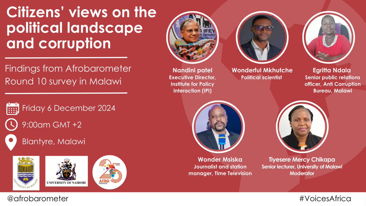 Afrobarometer (@afrobarometer) on Twitter photo Join us on Friday 6 December 2024 as our National Partner for Malawi, Centre for Social Research at the University of Malawi (<a href="/UNIMA_CSR/">Centre for Social Research (CSR), UNIMA</a>), shares the latest Afrobarometer survey findings on the political landscape and corruption in Malawi.
Don’t miss it.
#Malawi #VoicesAfrica Join us on Friday 6 December 2024 as our National Partner for Malawi, Centre for Social Research at the University of Malawi (<a href="/UNIMA_CSR/">Centre for Social Research (CSR), UNIMA</a>), shares the latest Afrobarometer survey findings on the political landscape and corruption in Malawi.
Don’t miss it.
#Malawi #VoicesAfrica