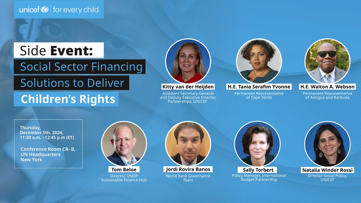 Happening today!
 
🗓️ 5 December 2024
⏲️ 11:30 a.m. - 12:45 p.m. (ET)

On the sidelines of the #FfD4 2nd PrepCom, we will discuss how social sector financing solutions can deliver on children's rights. ⬇️