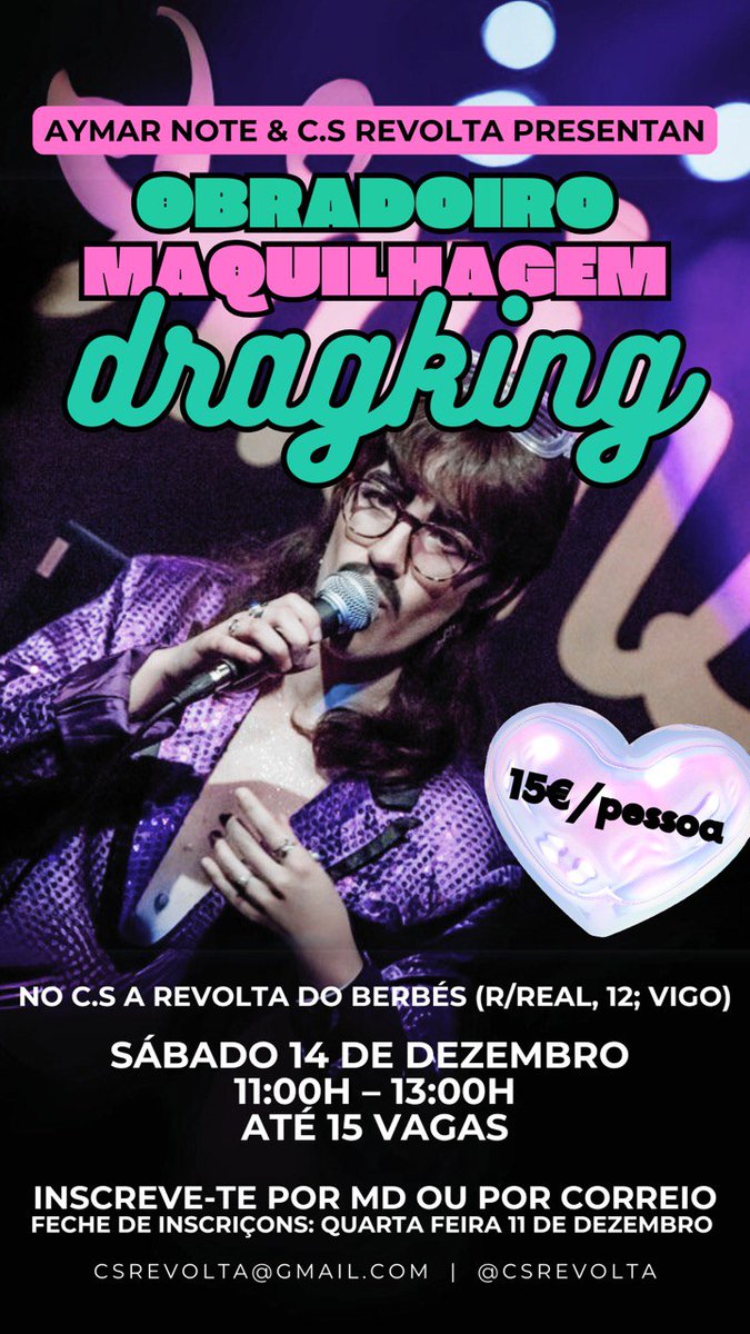 ✨OBRADOIRO MAQUILHAGEM DRAG KING✨

🗓️ SÁBADO 14 DEZEMBRO
🕒 11.00-13.00
👤 15€/pessoa
👭 ate 15 vagas

Inscreve-te por MD ou por correio. Feche de inscriçons: 4a feira, 11 de dezembro.