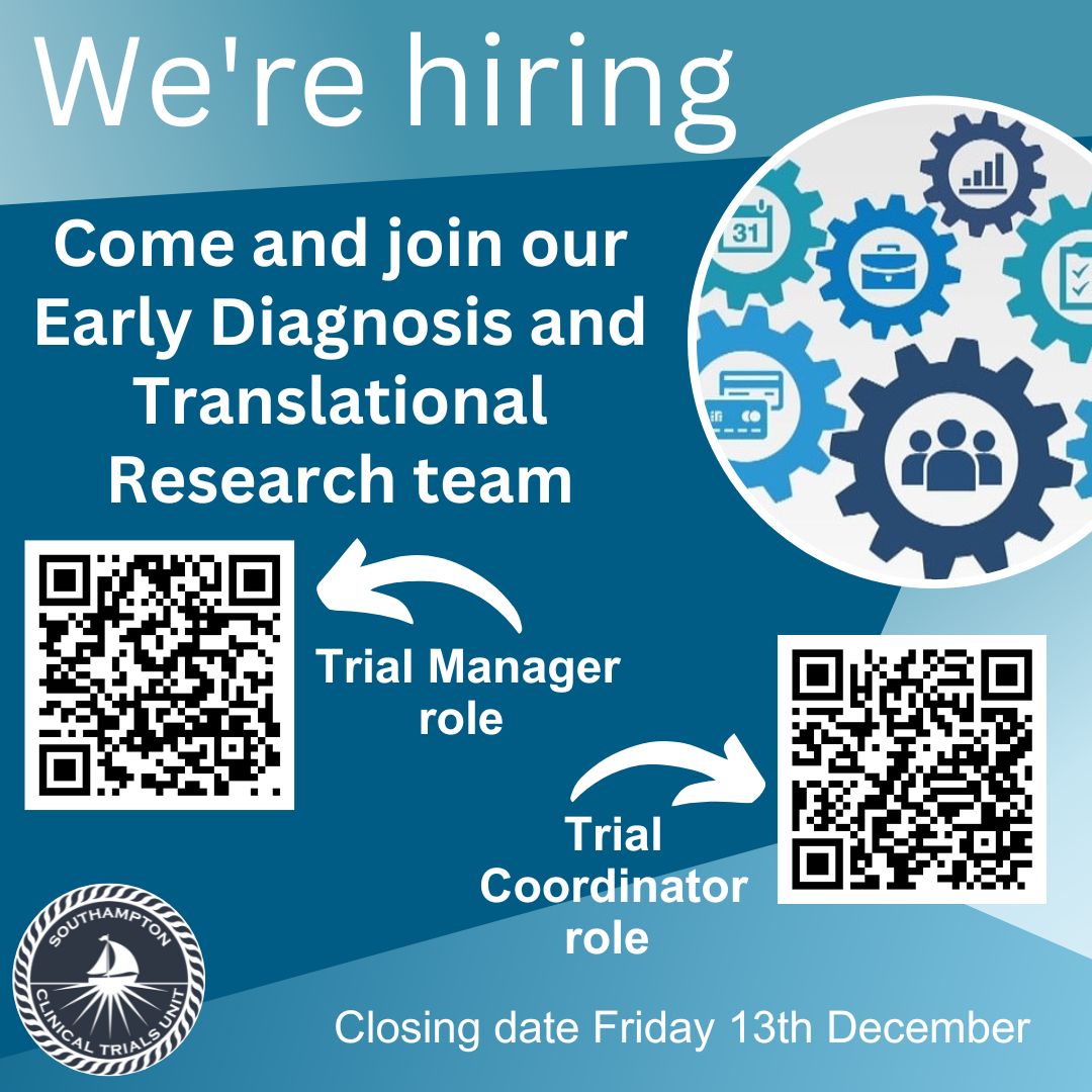 SouthamptonCTU's tweet photo. Are you passionate about #EarlyDiagnosis and #ClinicalResearch?

We have two fabulous opportunities to join our expanding Early Diagnosis and Translational Research group at SCTU! 👇 👇

Trial Manager - https://t.co/EmWvKjjwud

Trial Coordinator - https://t.co/nX7I3mgWvy https://t.co/8ue2TNp5zc