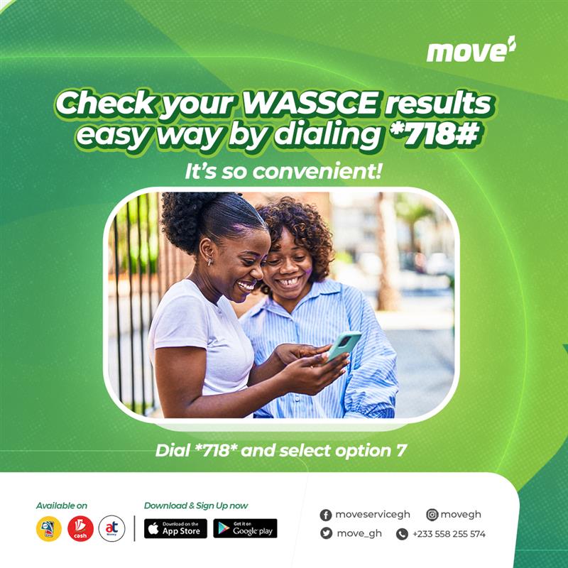 Get your WASSCE results checker on Move! Its fast, secure, and incredibly convenient! 🚀✨
You heard that right! Simply dial *718# and select option 7. 
In just a few easy steps, you can access your results hassle free. No stress, no waiting, your results are just a few taps away