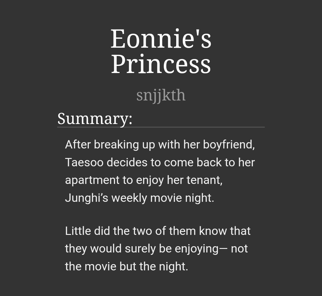 #taekookau — “Eonnie's Princess”

— 9.7k | complete
— FICTION
— pwp 🔞
— cisswap (fem) taekook
— top taesoo ; bottom junghi
— cheating (not between tk)
— aftercare &amp; confessions

link: archiveofourown.org/works/61017247