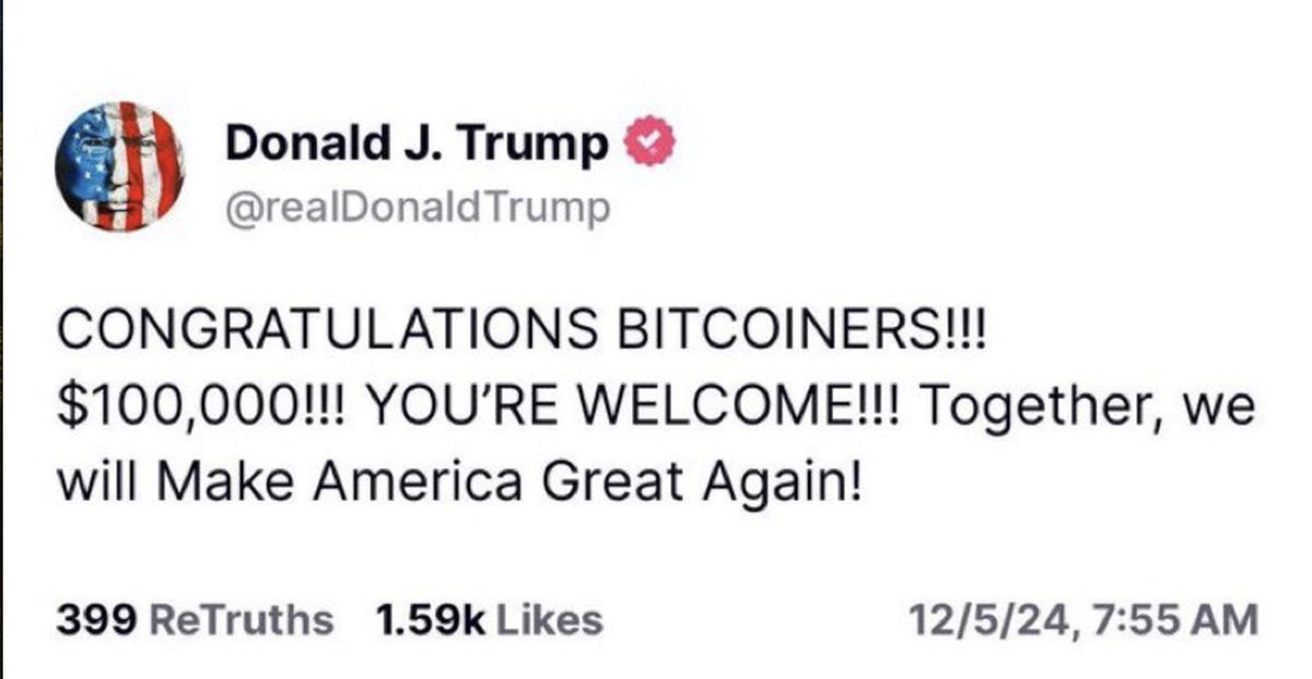 GoingParabolic's tweet photo. Thank You PRESIDENT TRUMP for sending Bitcoin over $100,000! 

Make No MISTAKE people - It was President TRUMP that did it.

BRING on Bitcoin Strategic Reserve Asset in the US! https://t.co/rVpMZg2CNY