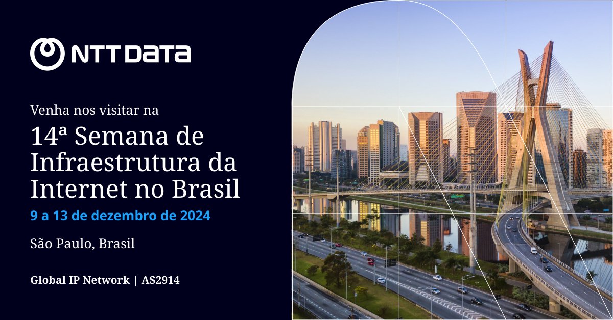 GinNTTnet_Br's tweet photo. Nossa equipe da Global IP Network #AS2914 da @nttdata_inc no Brasil participará da 14ª #SemanaInfra no Brasil organizada pelo @ComuNICbr e #CGIbr na próxima semana em São Paulo. Visite nosso estande na área de exposição! 

@nttdatalatam #Internet #Redes #IXbr #Internet https://t.co/2bYh7SqT4O
