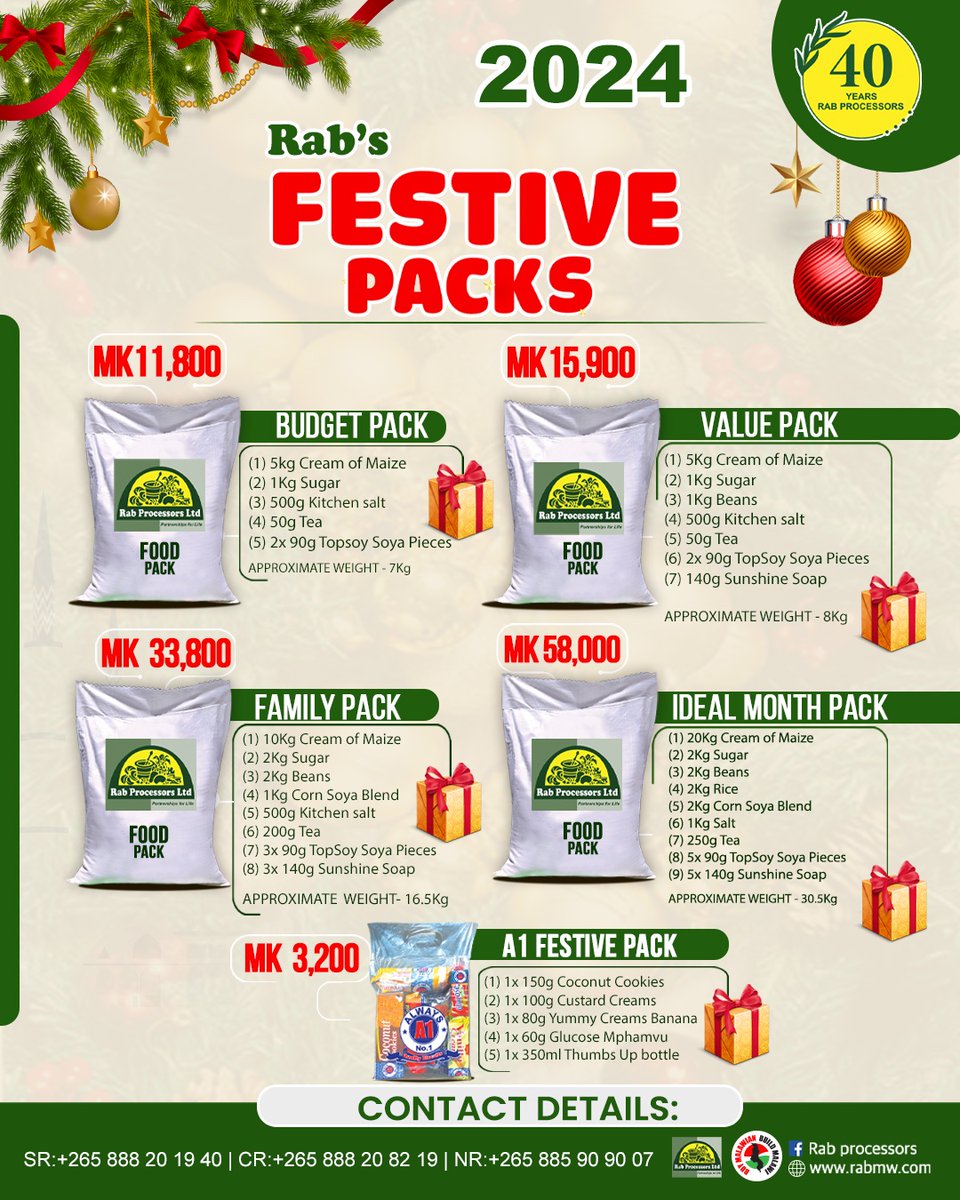 Grab your FESTIVE PACKAGES today, available at our depots in Blantyre, Lilongwe, and Mzuzu!

#FestiveSavings #ShopSmart #Rabfestivepacks #rabgroup #rabprocessors #mediaonemw #malawi