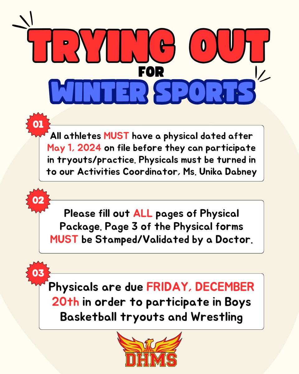 Boys Basketball tryouts and Wrestling practice will start right after Winter Break. All participants MUST have a physical on file. Please turn in physicals by Friday, December 20th.
