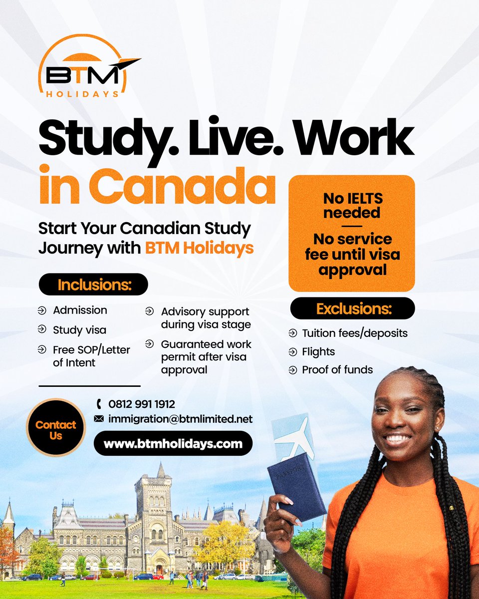 Btmholidays's tweet photo. Start planning for 2025 now. No IELTS needed and no service fee until your visa is approved!
Don't let anything stop youβyour adventure studying abroad starts here.
#btmholidays #studyincanda #canada #japatocanada #studyabroad #visahelp #dreambig #noielts #workpermit https://t.co/8P5gZ1hg7q