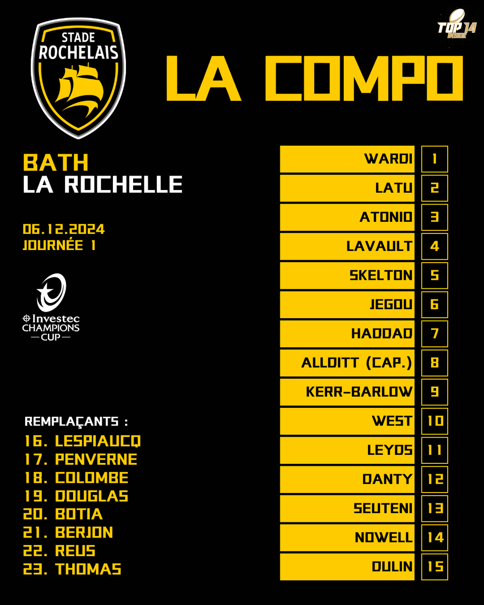 TOP14_inside's tweet photo. ๐๐ผ ๐๐๐พ๐๐๐๐๐ ๐๐ค
Les Rochelais se dรฉplacent en Angleterre pour l'ouverture de l'#InvestecChampionsCup !!! ๐
L'objectif affichรฉ est clairement la victoire avec cette รฉquipe qui tentera de dรฉjouer le piรจge anglais !! ๐ฅ๐ซ
#BATvSR | #BATSR | #ChampionsCup https://t.co/nhM4mVtLNK