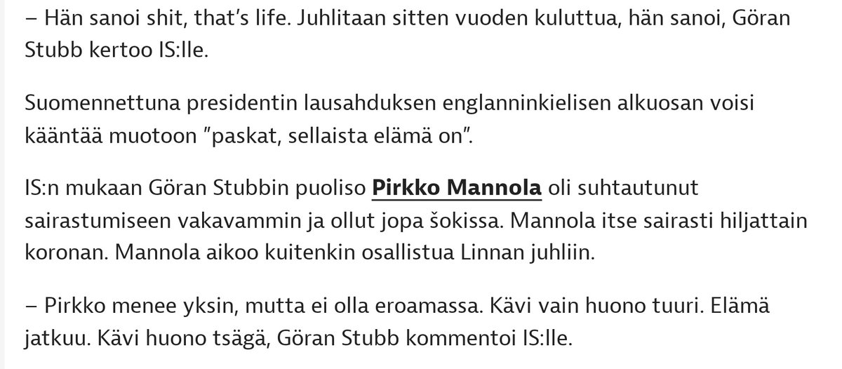 OtsA20's tweet photo. Kävikö Suomella huono tsägä - mistä tätä koronaa oikeen tuppaa?
6#fatalismi #apatia #huonoHallinto
" Göran Stubbin puoliso Pirkko Mannola oli suhtautunut sairastumiseen vakavammin ja ollut jopa šokissa. Mannola itse sairasti hiljattain koronan." https://t.co/E2gwHd7RaW