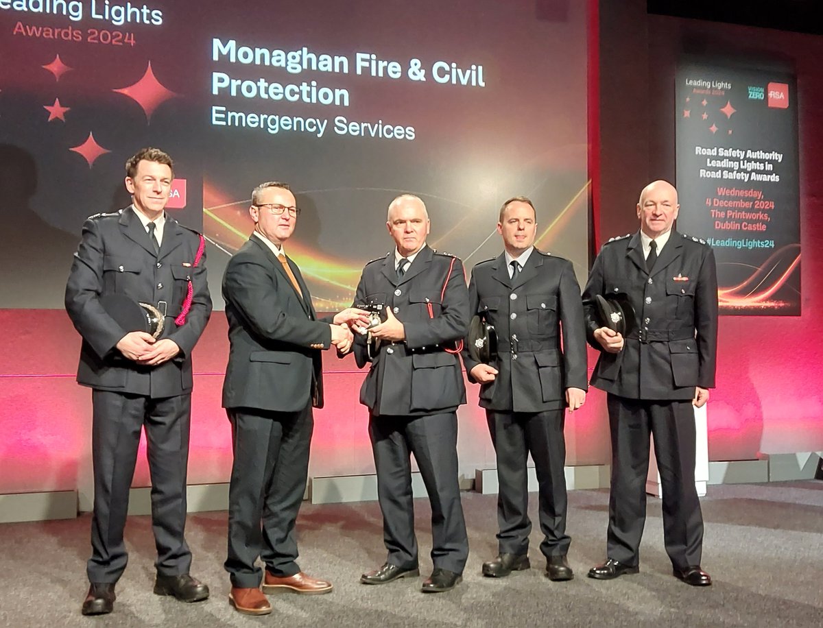 Congratulations to Monaghan Fire and Civil Protection who were deserved winners in the Emergency Services category at the 15th Leading Lights in Road Safety Awards.
The award was in recognition of all their efforts in promoting the road safety message to TY students in County
