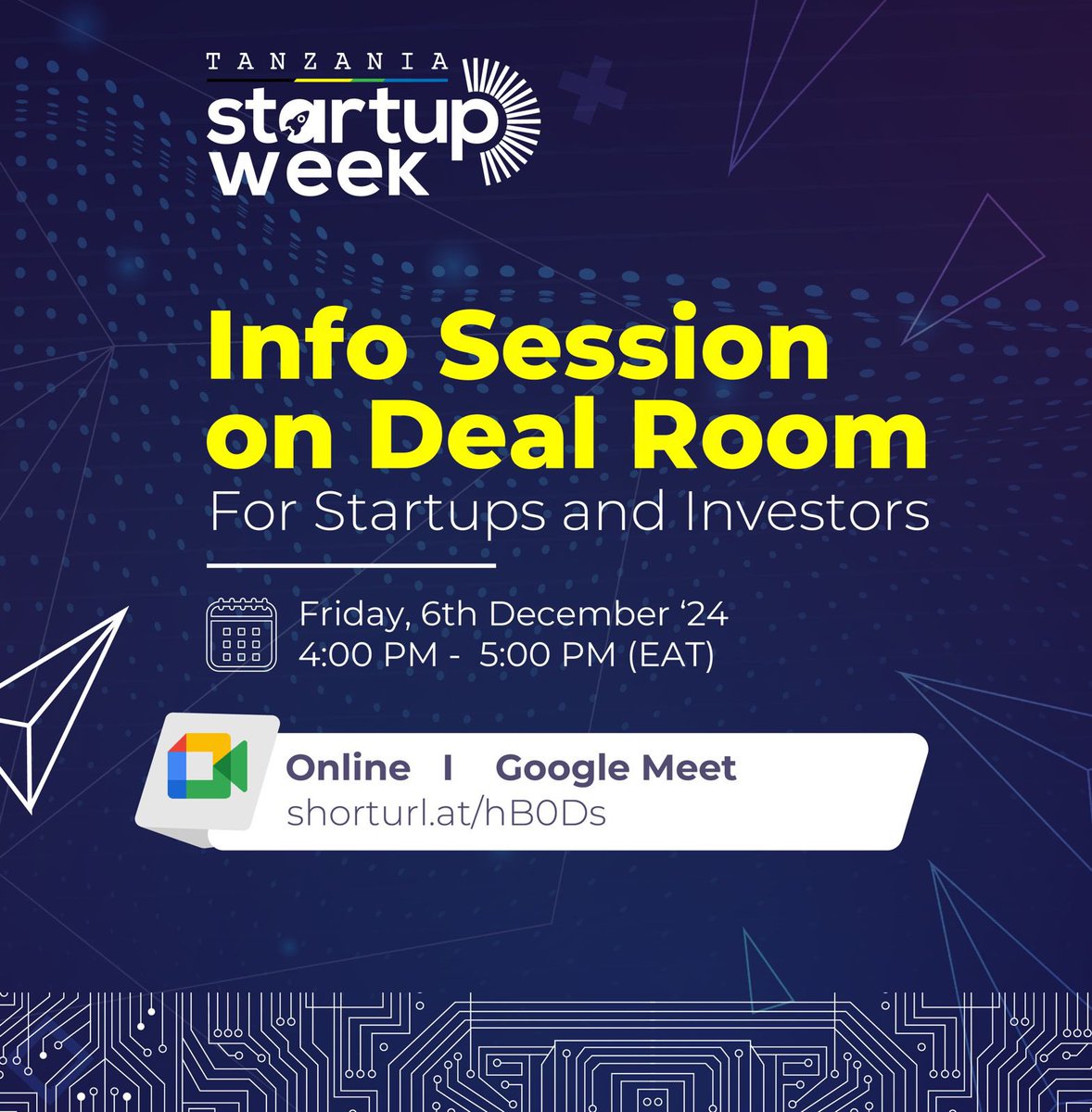 𝐉𝐨𝐢𝐧 𝐔𝐬 𝐟𝐨𝐫 𝐚𝐧 𝐈𝐧𝐟𝐨 𝐒𝐞𝐬𝐬𝐢𝐨𝐧 𝐨𝐧 𝐭𝐡𝐞 𝐃𝐞𝐚𝐥 𝐑𝐨𝐨𝐦!

Are you a startup or investor looking to unlock opportunities at the 𝐓𝐚𝐧𝐳𝐚𝐧𝐢𝐚 𝐒𝐭𝐚𝐫𝐭𝐮𝐩 𝐖𝐞𝐞𝐤 𝟐𝟎𝟐𝟒? Don’t miss this online session to learn how the 𝐃𝐞𝐚𝐥 𝐑𝐨𝐨𝐦 can connect