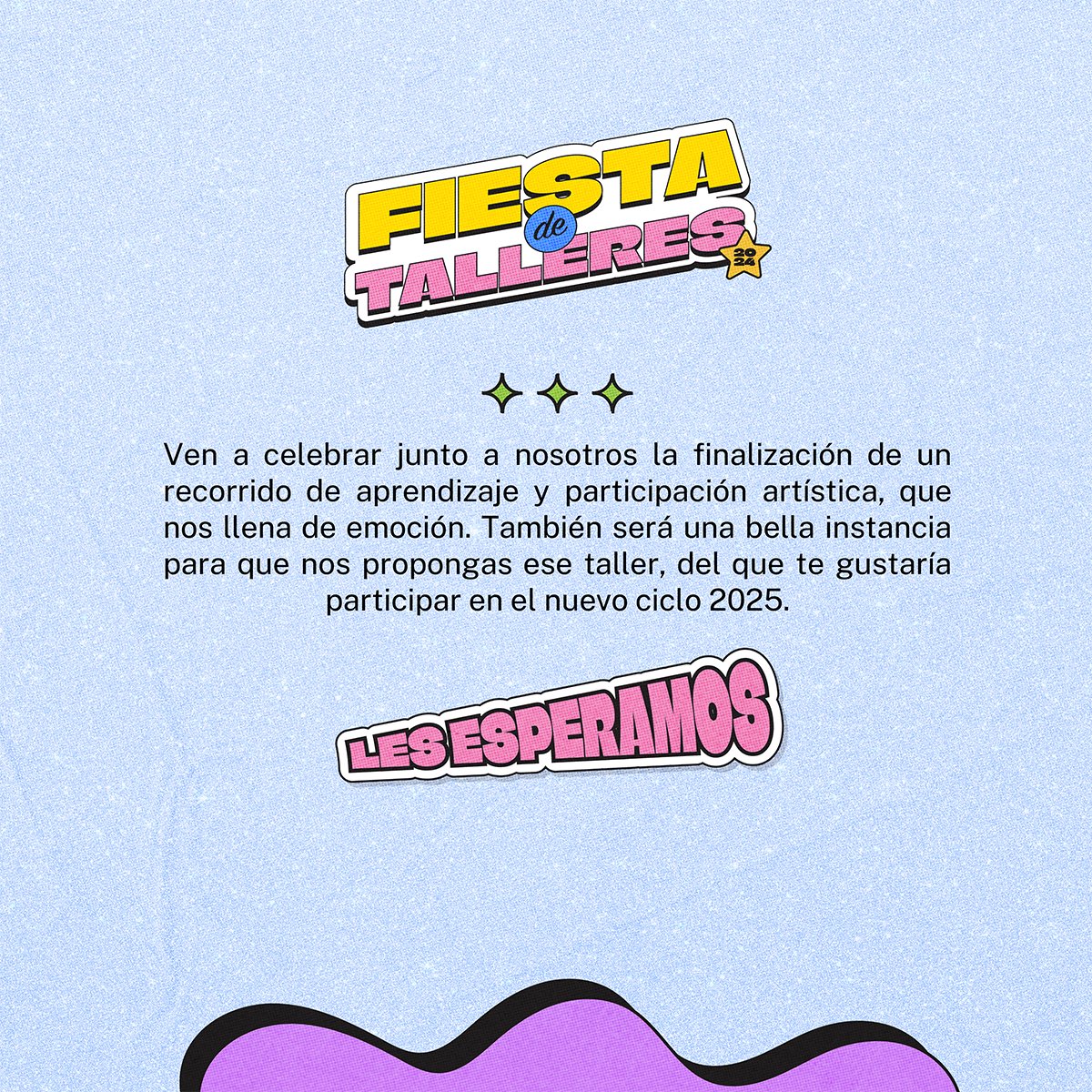 🥳🤩FIESTA DE TALLERES 2024 🎈🎊 Cierre de los talleres artístico-culturales:
🎸 Guitarra📕 Encuadernación 
🌃 Serigrafía 😂 Stand up Comedy
💃🏽 Danzas Populares 📸 Foto y video para RR.SS. 👉 Además cuéntanos qué taller te gustaría tomar este 2025. 🥳